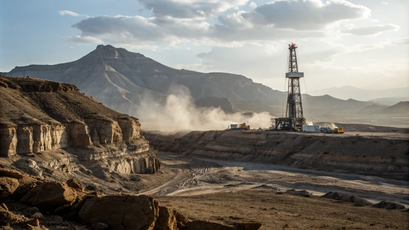 A drilling rig in a rugged landscape with fractured rock formations