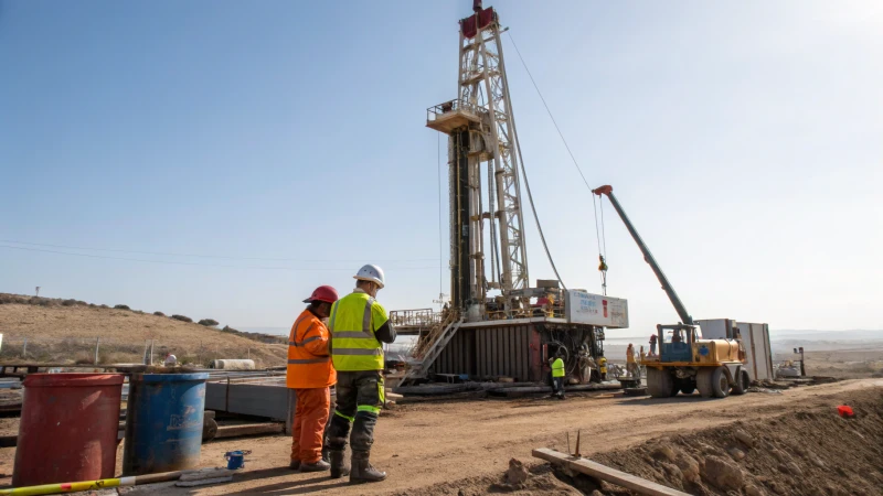 Large drilling rig in an industrial landscape with engineers observing.