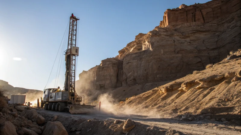 Drilling rig operating on a rocky landscape