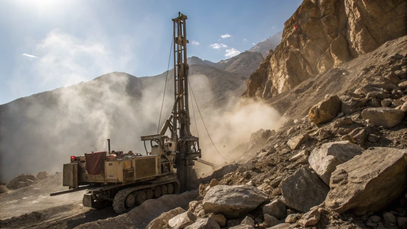 Drilling rig on steep rocky terrain with boulders