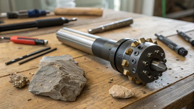 Close-up of a DTH drill bit on a wooden workbench