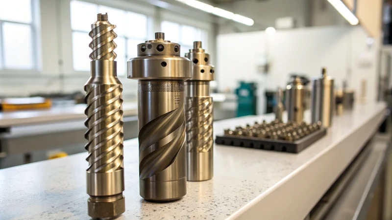 Close-up of various DTH drill bits on a workbench