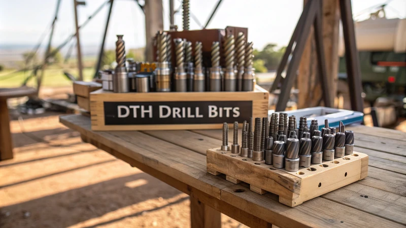 Display of various DTH drill bits on a wooden table
