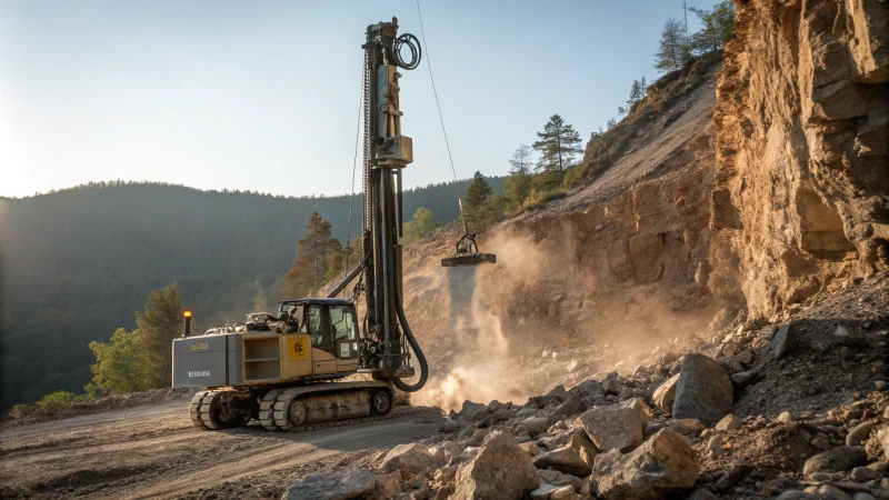 Photorealistic image of a DTH drilling rig in action
