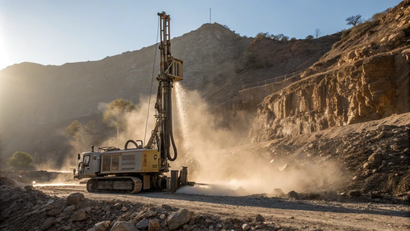 A large DTH drilling rig working in a rocky landscape