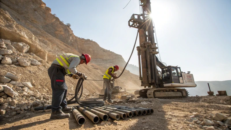 Workers operating a drilling machine at a mining site with DTH drill bits