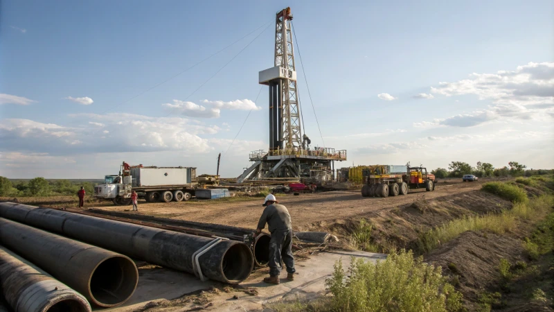 An oil drilling site with a rig and worker handling drilling fluid