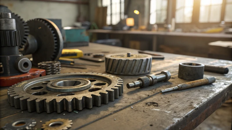 Close-up view of worn metal and plastic components in an engineering workshop