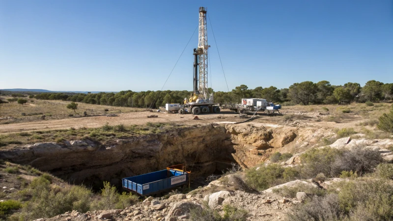 A large drilling rig at a gas exploration site surrounded by pilot holes.