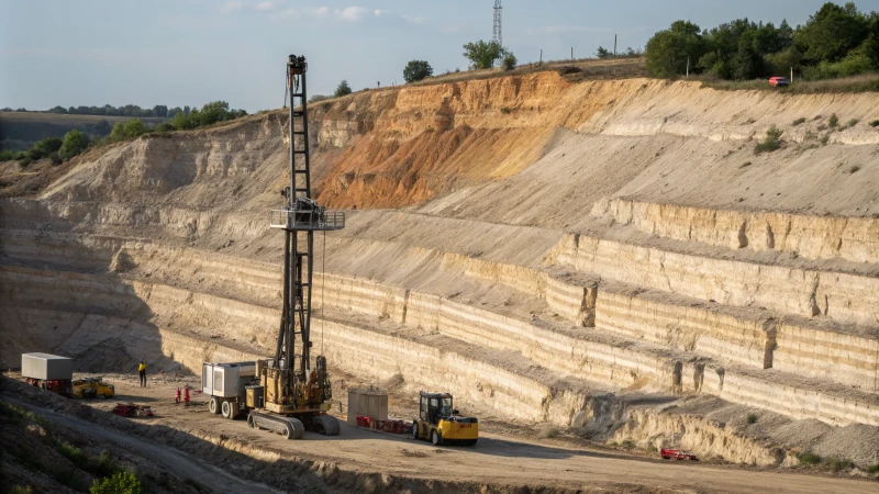 Geological cross-section with rock layers and drilling equipment