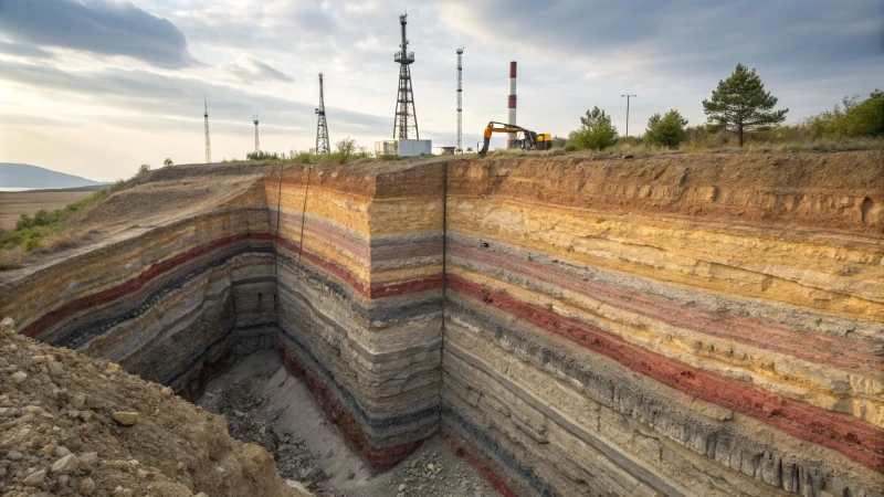 A geological cross-section showing sedimentary, igneous, and metamorphic rock layers with drill bits on top.