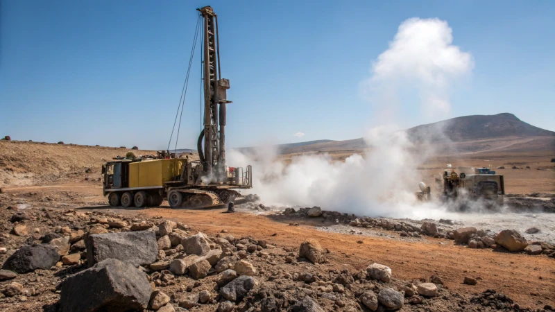 Geothermal drilling site with heavy machinery and steam