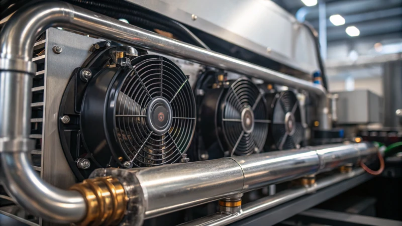 Close-up of a high-tech cooling system in industrial machinery