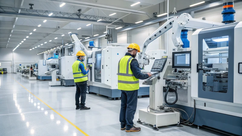 A high-tech manufacturing facility with CNC machines and robotic arms