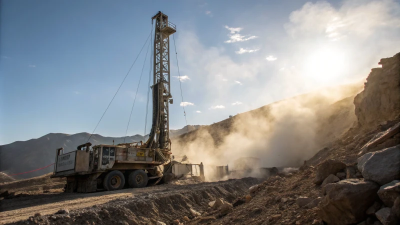 An industrial drilling rig in a rocky terrain under bright sunlight