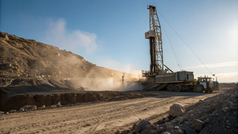 A drilling rig in a rocky landscape under a blue sky.
