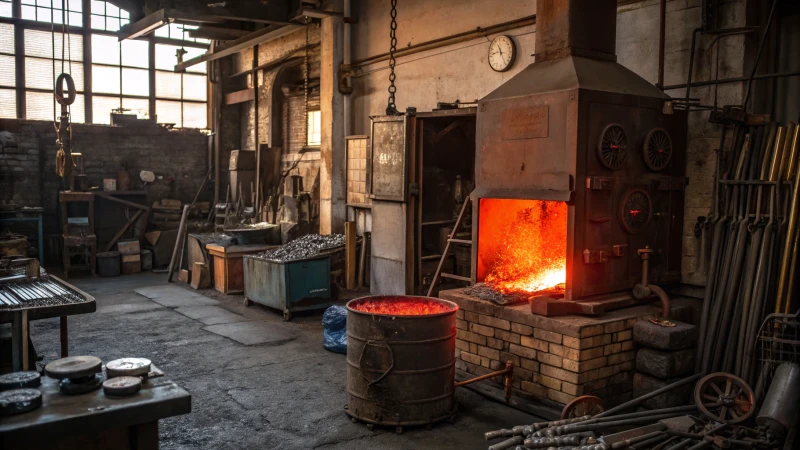 Industrial heat treatment furnace with glowing metal pieces