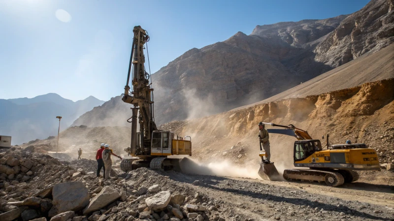 A mining site with heavy machinery and workers using drilling equipment.