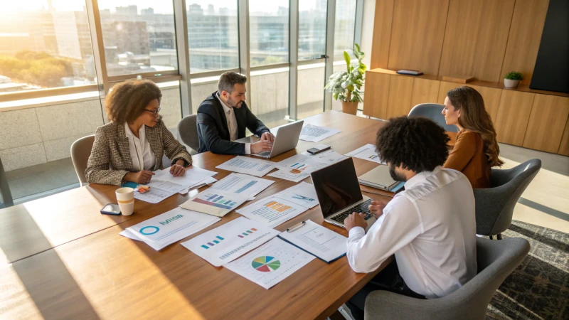 A diverse group of professionals in a meeting room discussing supplier evaluations.