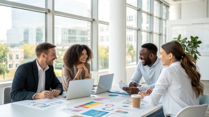 Diverse professionals collaborating in a bright conference room