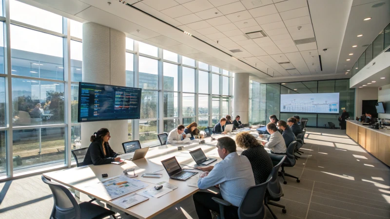 A diverse group of professionals in a conference room discussing strategies