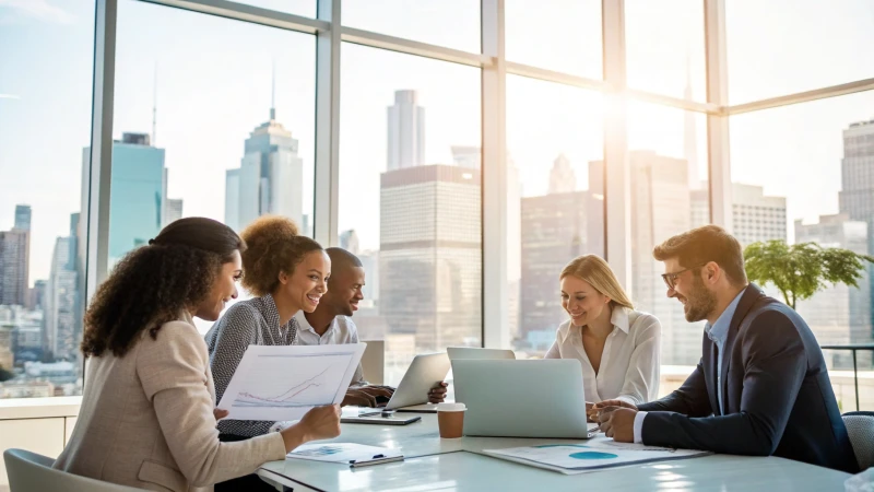 A modern conference room with diverse professionals discussing strategies