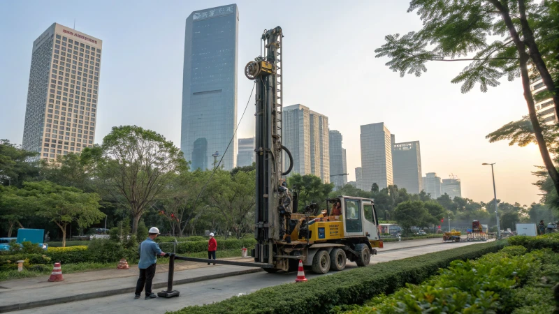 Modern drilling rig in an urban setting with workers and buildings