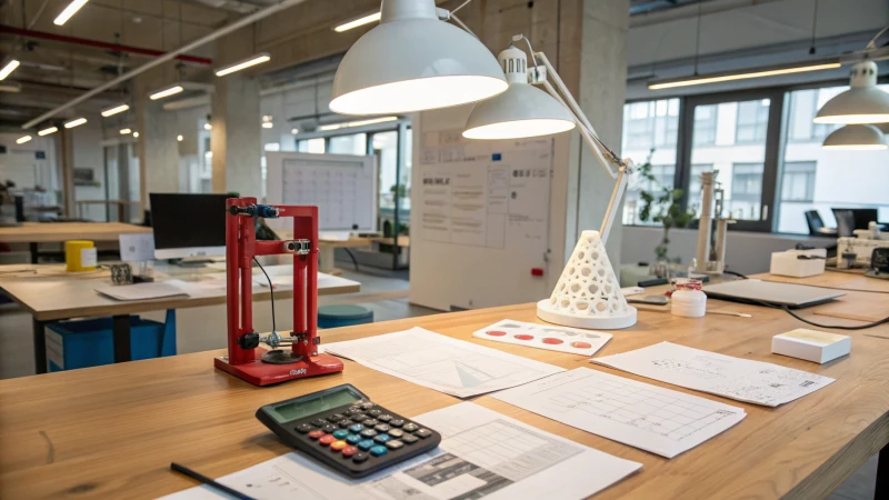 A modern workspace with prototypes and testing equipment on a table