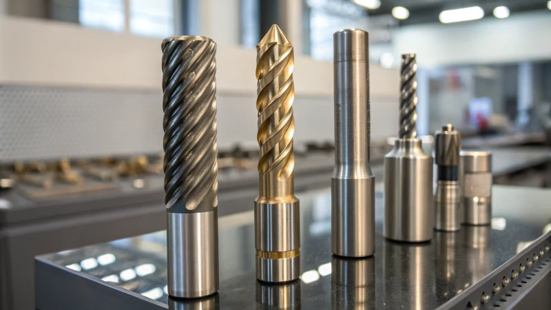 Close-up of modern drill bits on a reflective surface