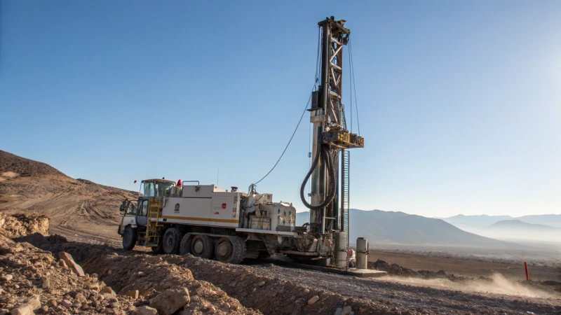 A modern drilling rig in rugged terrain with mountains in the background