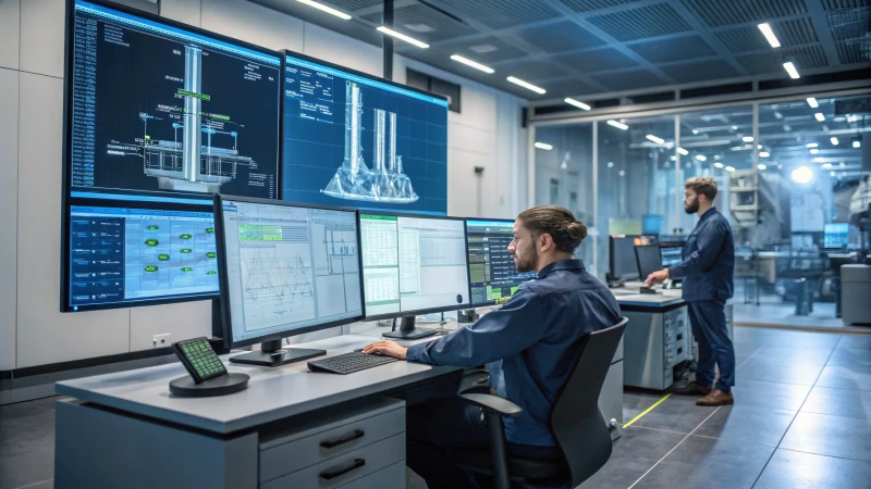 Engineers working in a modern lab with simulation software for drilling bits
