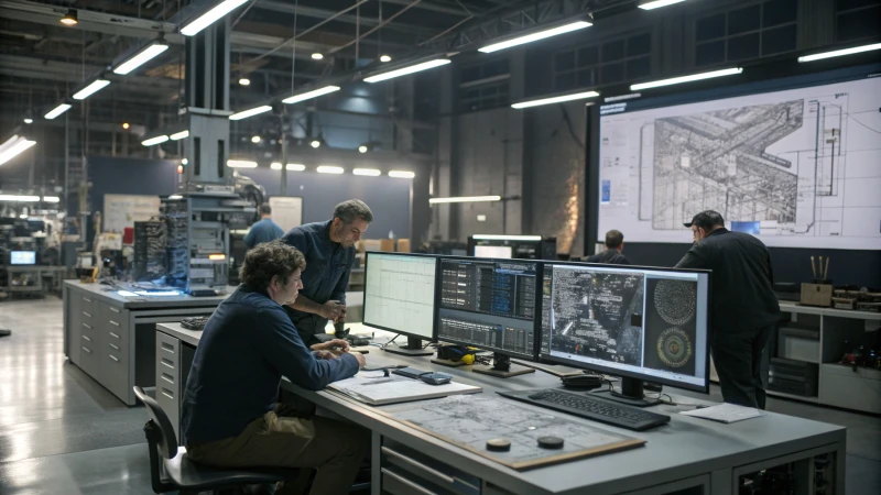 Engineers collaborating in a modern workshop with computer screens and drill bit prototypes.