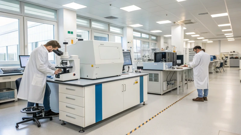 Scientists in a modern laboratory conducting material analysis