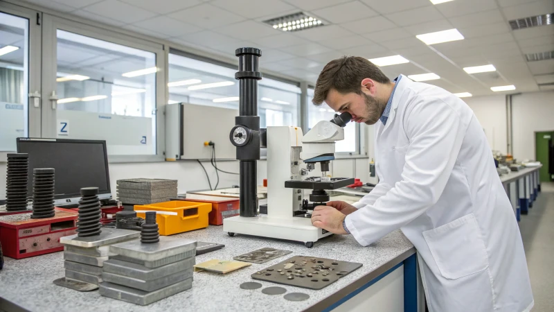 An engineer in a white lab coat examining materials under a microscope in a modern laboratory.