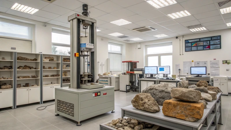 A modern laboratory with an impact testing machine and geological samples