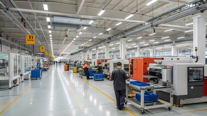 Modern manufacturing facility with advanced machines and engaged workers
