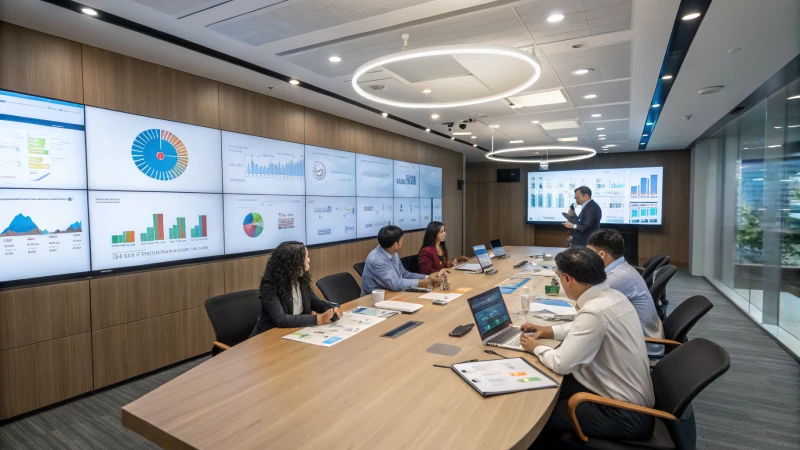 A modern office interior with diverse professionals engaged in discussion around a conference table.