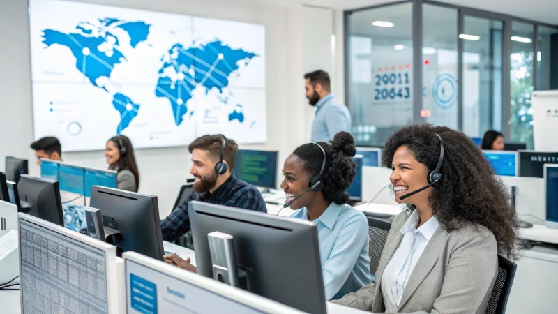 A diverse team of customer support representatives in a modern office
