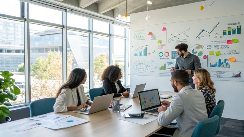 A diverse team of professionals in a modern office discussing strategies.