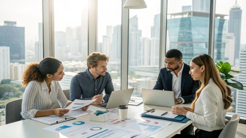 A diverse group of professionals in a bright office discussing compliance.