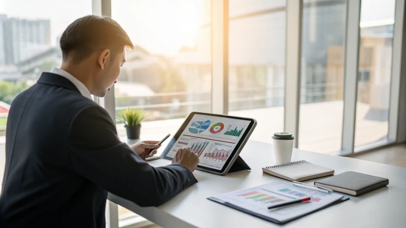 Business professional reviewing logistics data on a tablet in a modern office