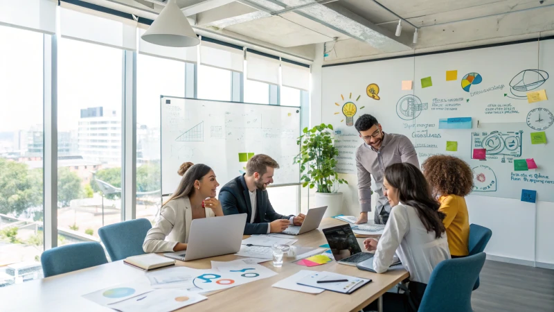 A diverse team in a bright office discussing around a conference table.