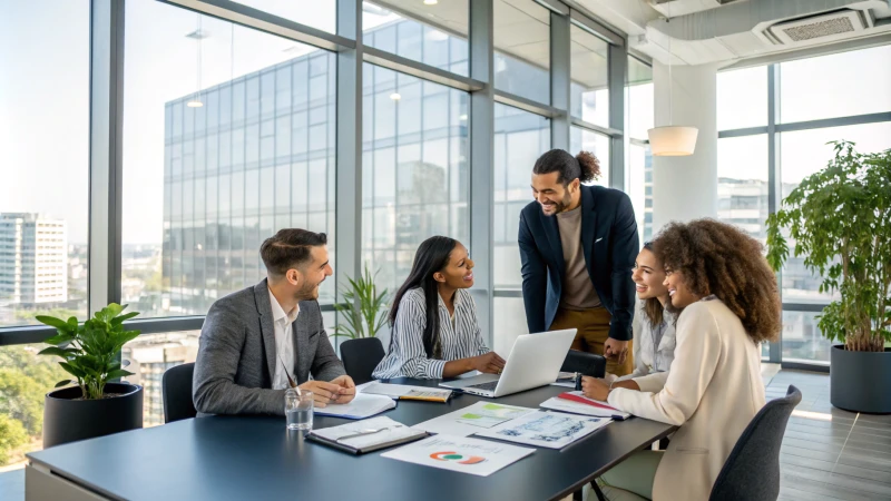 A diverse team discussing drilling solutions in a modern office