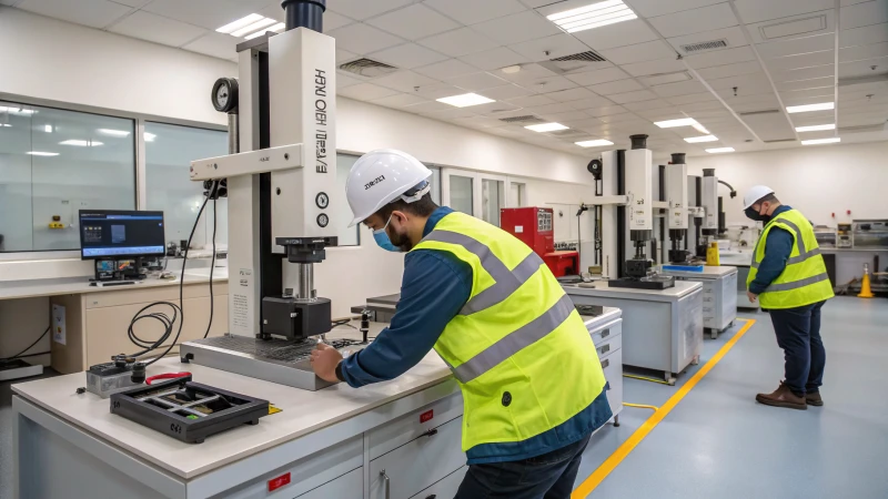 Technicians examining drilling equipment in a quality control facility