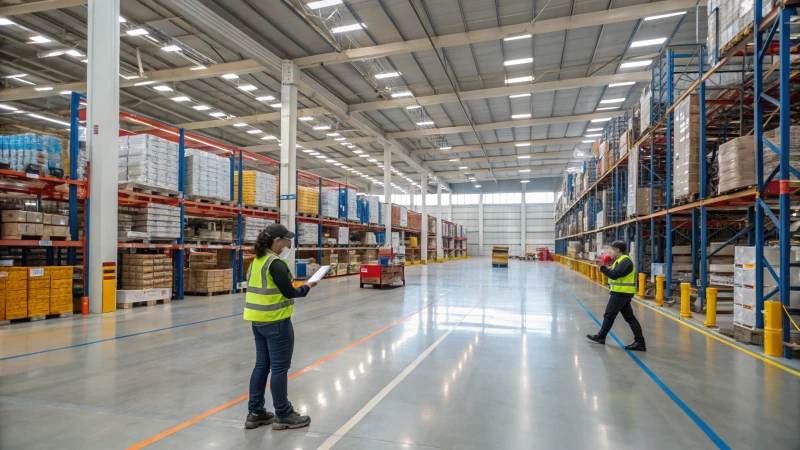 Interior of a modern warehouse with organized shelves and workers scanning inventory