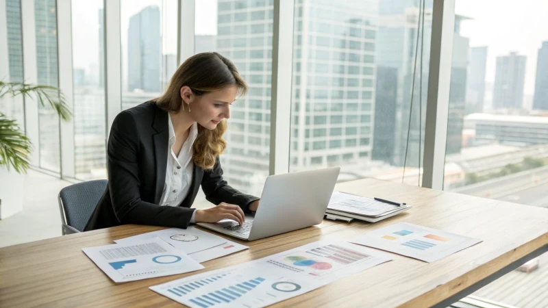 A businesswoman analyzing data in a modern office