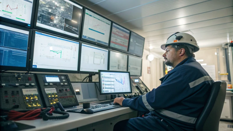 A drilling operator in a control room surrounded by advanced technology.
