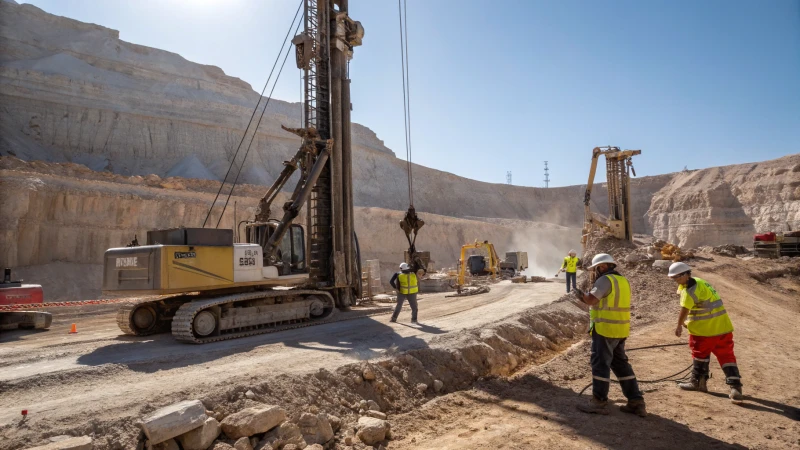 Construction site with deep drilling rigs and workers