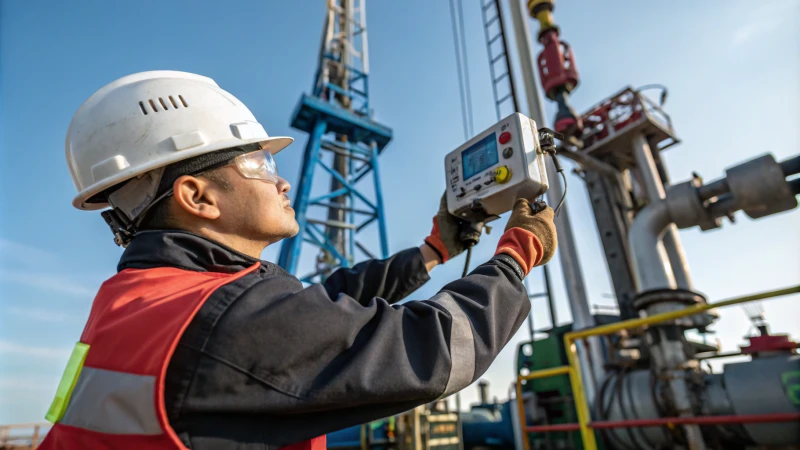 A technician in safety gear adjusting a control panel at an oil rig.
