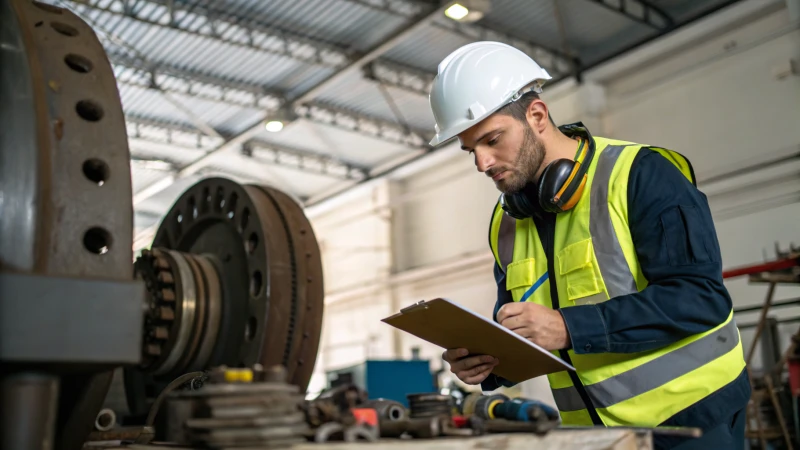 A technician in a safety helmet and reflective vest inspecting machinery